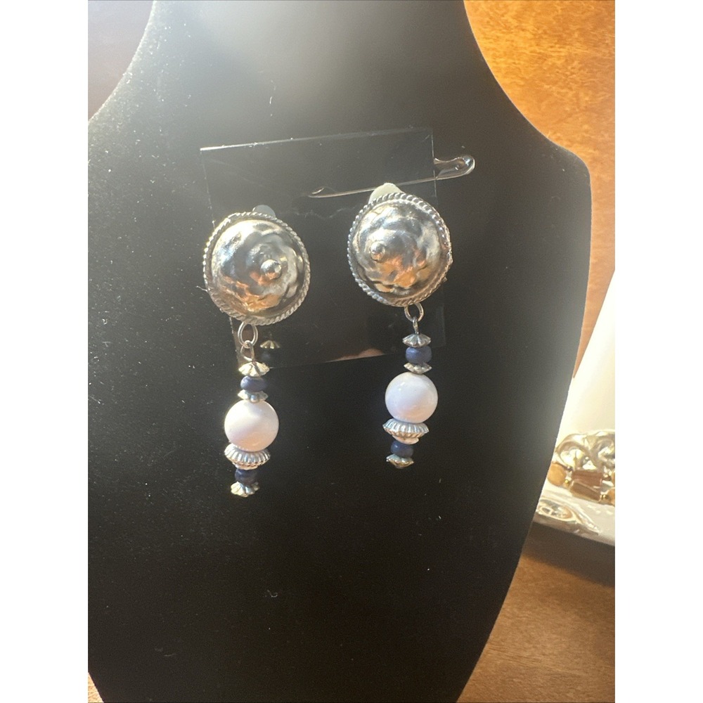 2 Silver tone dangle drop bead ball earrings Clip On